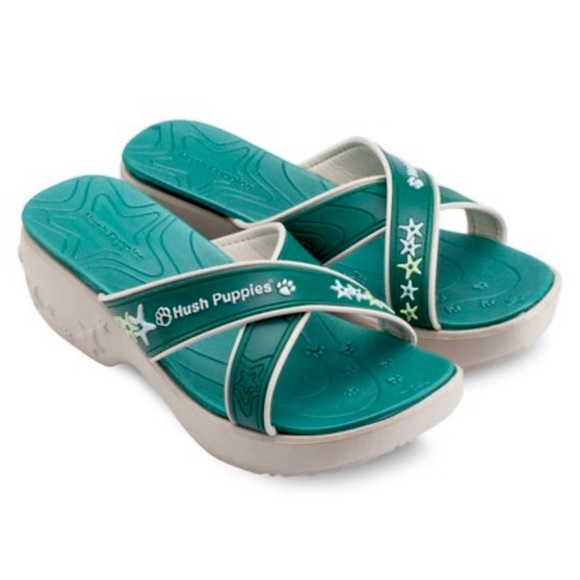 HUSH PUPPIES • Lollipop Green/White Criss-Cross Strappy Slip-On Wedge Sandals - Picture 1 of 16